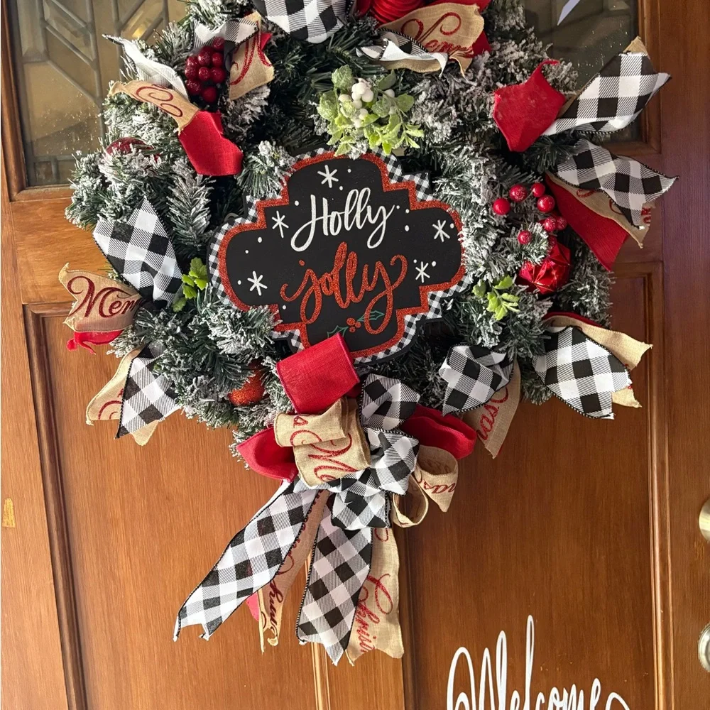 Holly Jolly Holiday Wreath with Red and Black Accents